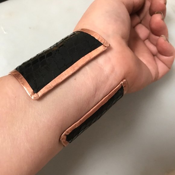 Genuine Leather Mermaid Scales Black Pure Copper Cuff Bracelet Handmade Custom - Picture 5 of 6